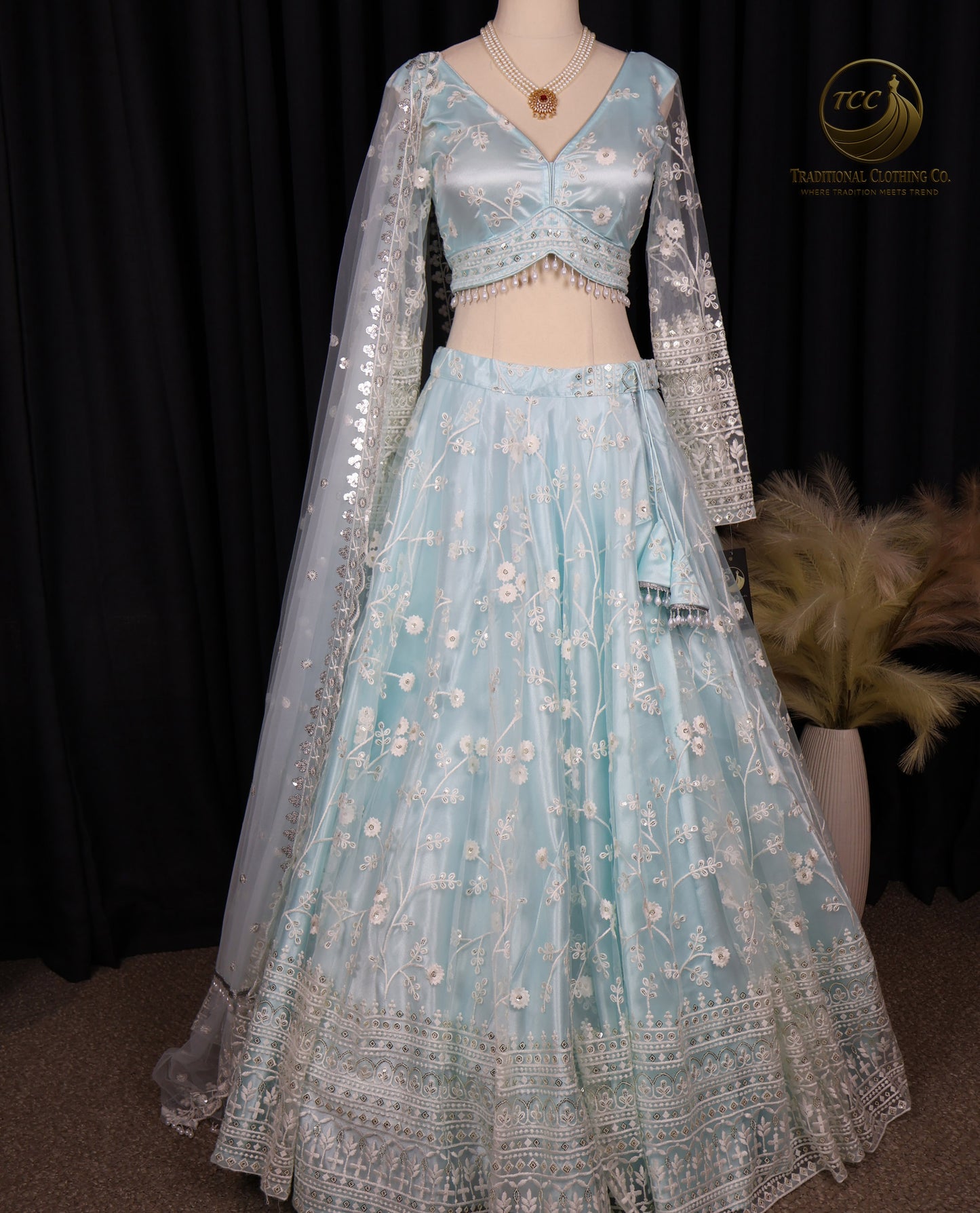 Light Blue Floral Embroidered Lehenga Choli with Sheer Dupatta – Elegant Traditional Wear