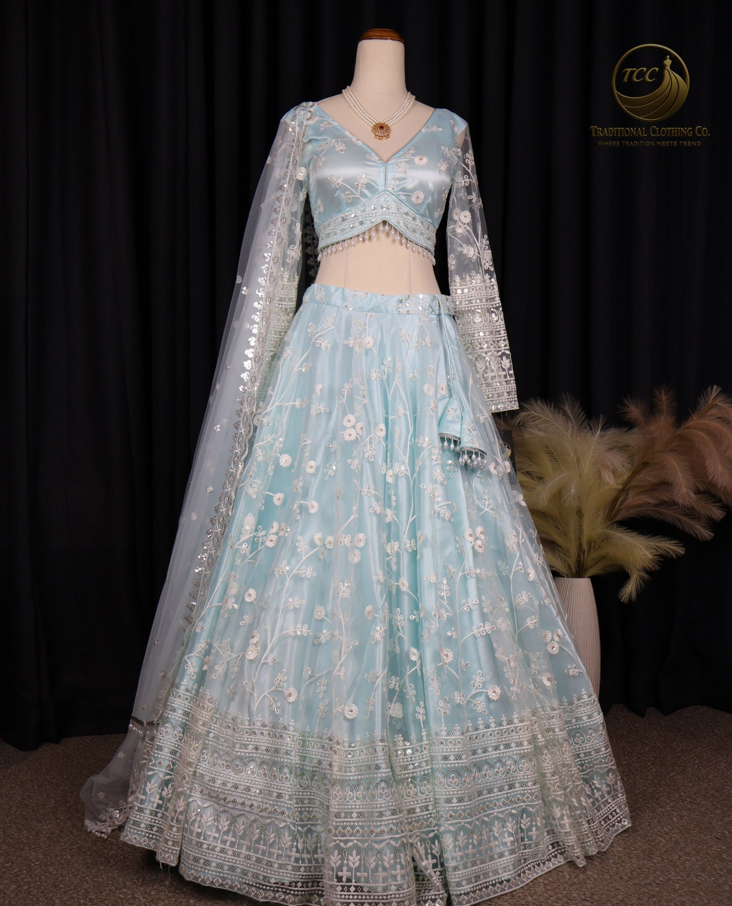 Light Blue Floral Embroidered Lehenga Choli with Sheer Dupatta – Elegant Traditional Wear