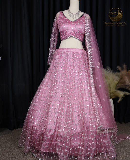 Pink Embroidered Lehenga Choli with Sheer Dupatta – Elegant Traditional Wear