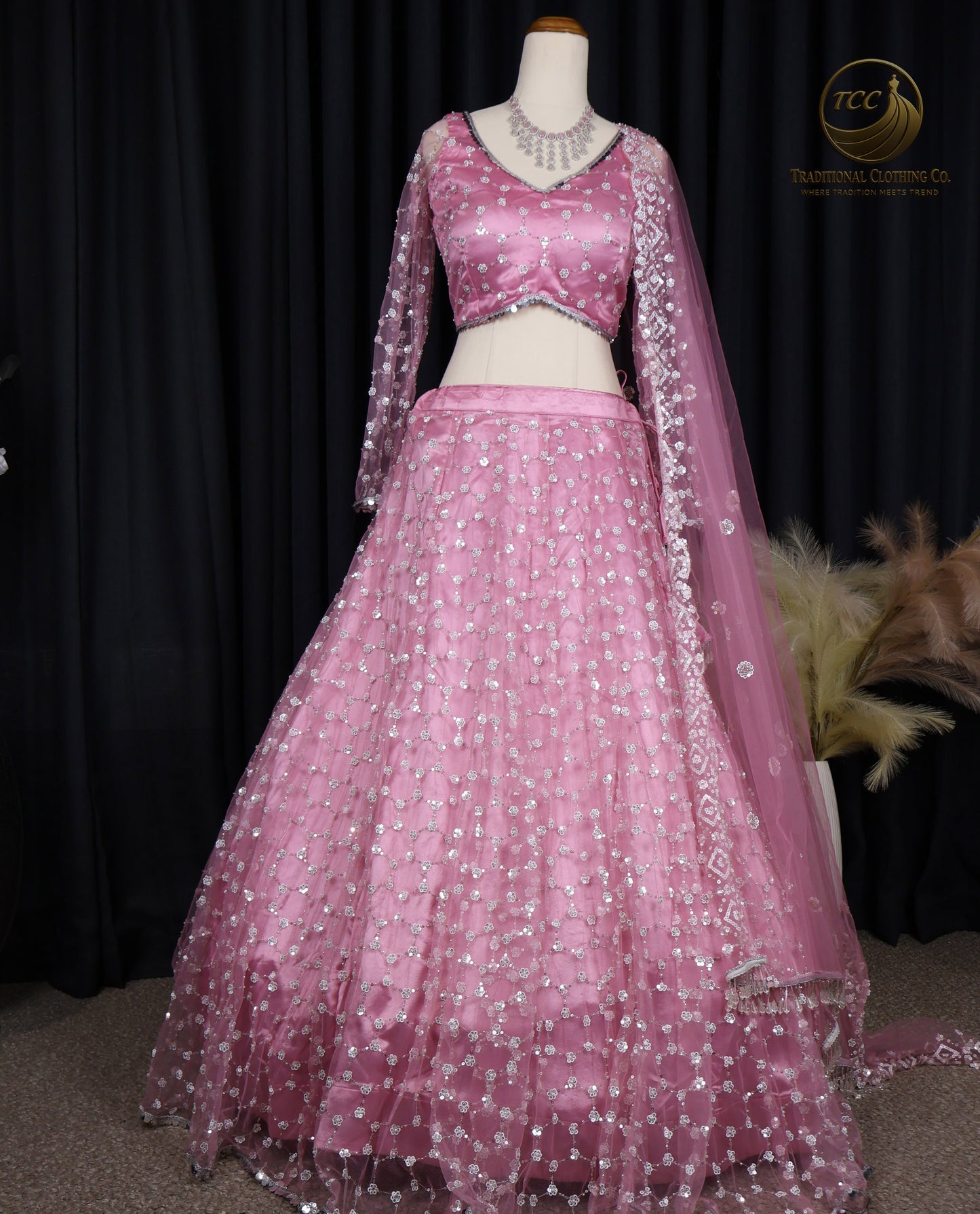 Pink Embroidered Lehenga Choli with Sheer Dupatta – Elegant Traditional Wear