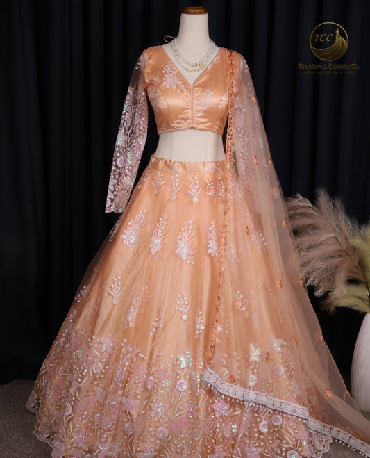 Elegant Peach Embroidered Lehenga Choli with Tassel Tie-Up Back & Sheer Dupatta – Festive & Traditional Wear
