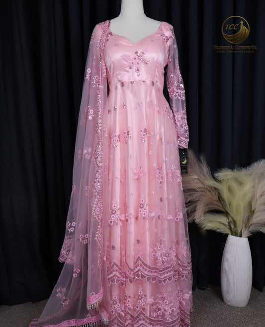 Elegant Pink Embroidered Gown with Crisscross Tie-Up Back & Sheer Dupatta – Festive & Traditional Wear | Boutique Edition