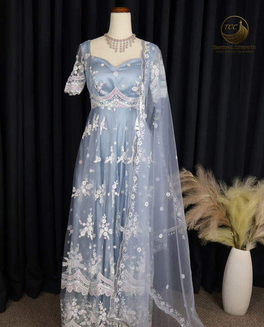 Ethereal Light Blue Embroidered Gown with Sheer Dupatta & Cut-Out Back – Festive & Traditional Wear | Boutique Edition