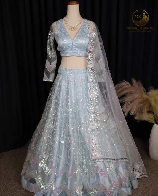 Light Blue Embroidered Lehenga Set – 3-Piece Festive Outfit with V-Neck Blouse & Sheer Dupatta