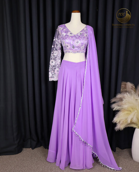 Elegant Lavender Embroidered Lehenga Style Sharara with Draped Shoulder & Sheer Dupatta – Festive & Traditional Wear