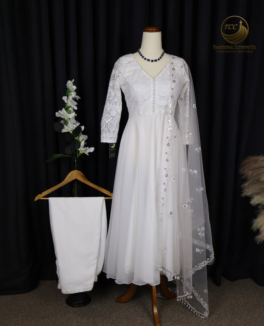 Elegant White Embroidered Anarkali set with Lace-Up Back & Sheer Dupatta – Festive & Traditional Wear | Boutique Edition