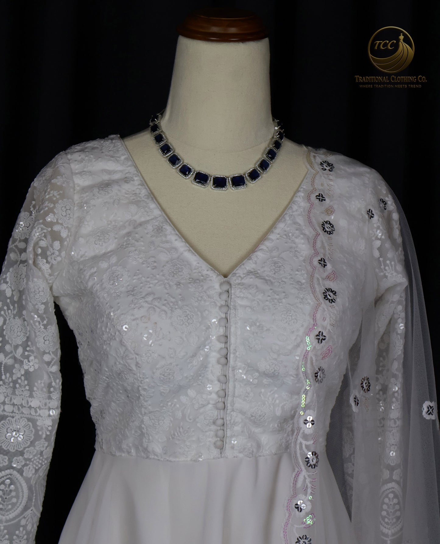 Elegant White Embroidered Anarkali set with Lace-Up Back & Sheer Dupatta – Festive & Traditional Wear | Boutique Edition