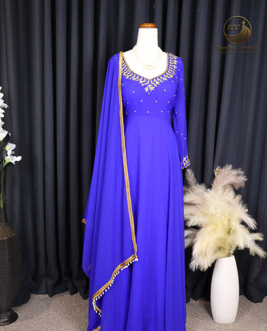 Regal Royal Blue Handwork Embroidered Anarkali Gown with Lace-Up Back & Sheer Dupatta – Festive & Traditional Wear | Boutique Edition