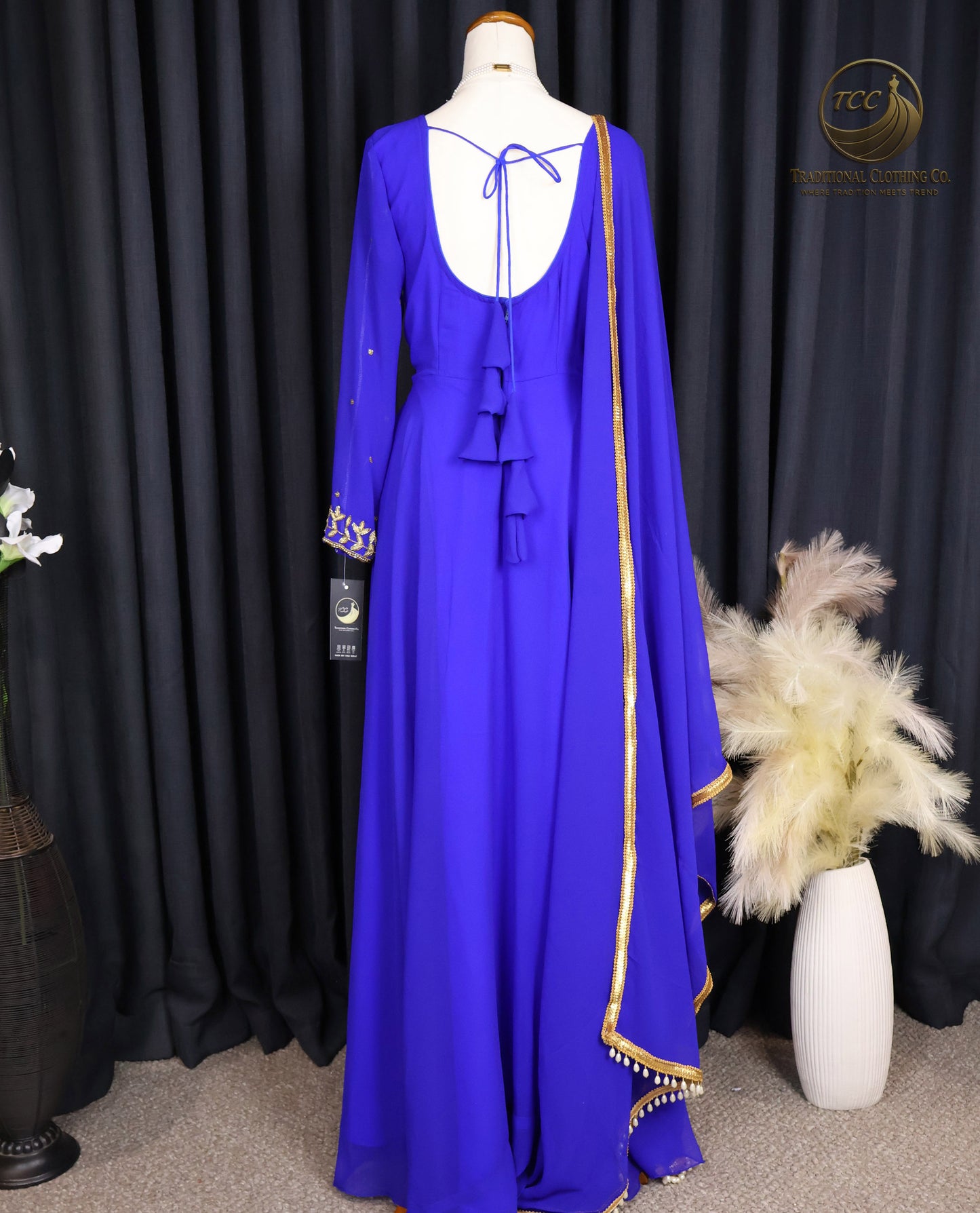 Regal Royal Blue Handwork Embroidered Anarkali Gown with Lace-Up Back & Sheer Dupatta – Festive & Traditional Wear | Boutique Edition