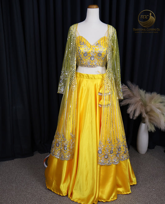 Radiant Yellow Satin Lehenga Choli with Embellished Blouse & Sheer Dupatta – Festive & Traditional Wear