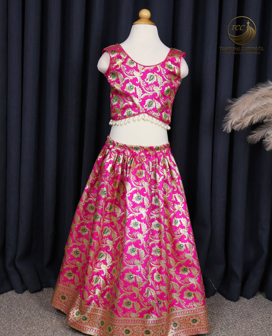Vibrant Pink & Gold Floral Embroidered Lehenga Choli with Sleeveless Blouse – Festive & Traditional Wear