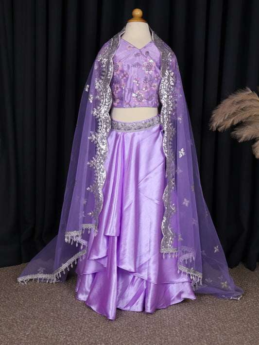 Kids Lehenga - Elegant Lavender Embroidered Lehenga Choli with Sheer Dupatta & Sequin Detailing – Festive & Traditional Wear | Boutique Edition
