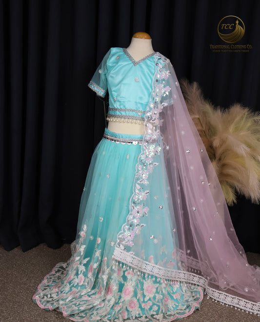 Kids Lehenga - Mesmerizing Turquoise Embroidered Lehenga Choli with Open-Back Blouse & Sheer Dupatta – Festive & Traditional Wear | Boutique Edition