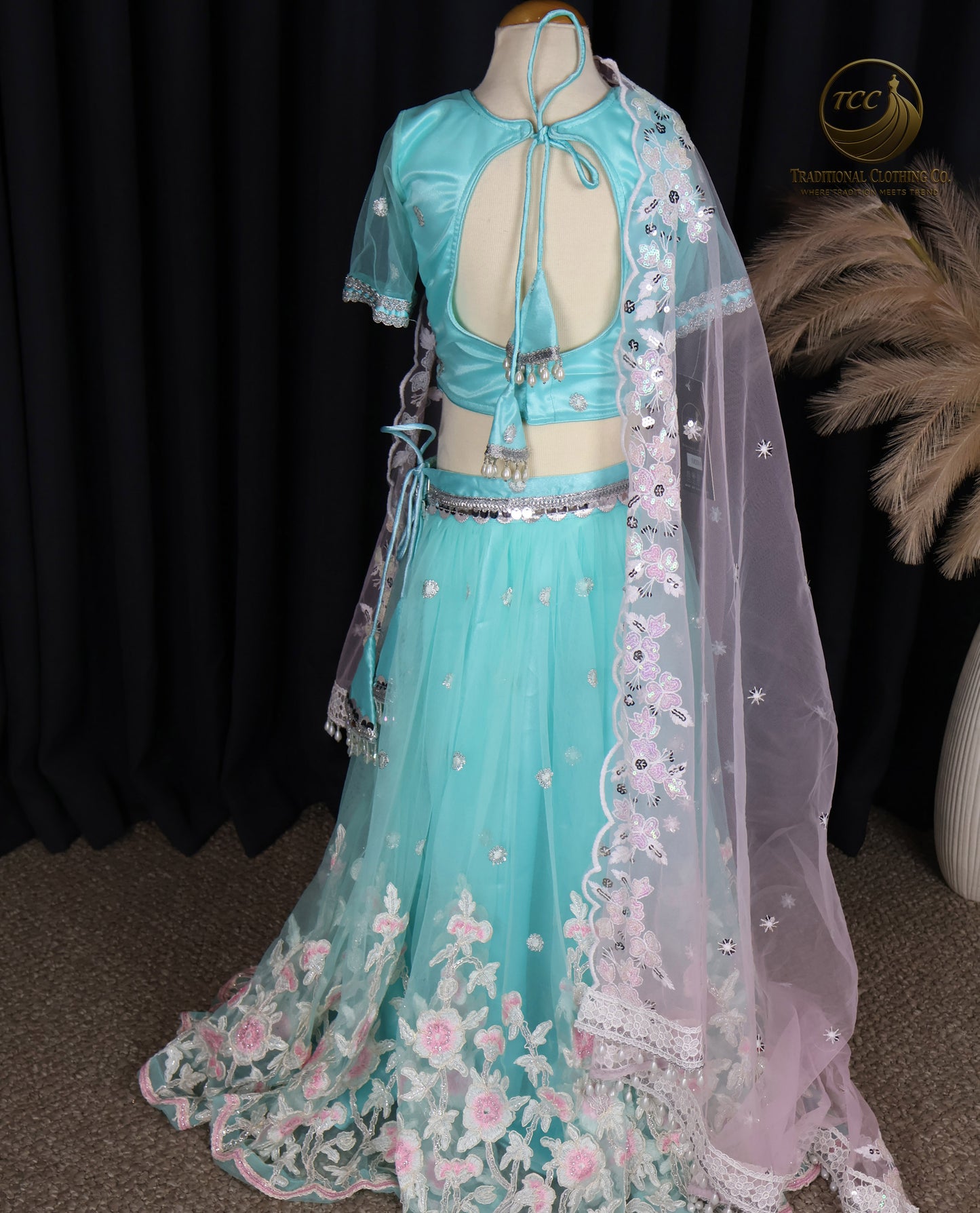 Kids Lehenga - Mesmerizing Turquoise Embroidered Lehenga Choli with Open-Back Blouse & Sheer Dupatta – Festive & Traditional Wear | Boutique Edition