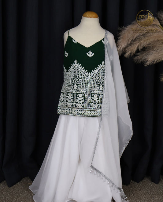Graceful Green & White Embroidered Sharara Set with Sheer Dupatta – Festive & Traditional Wear | Boutique Edition