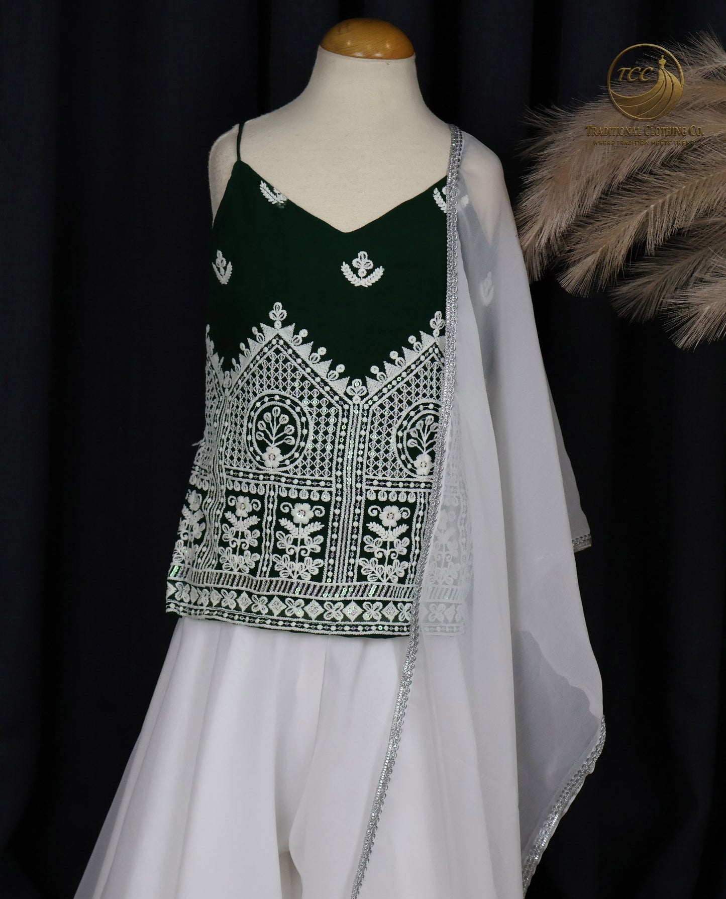 Graceful Green & White Embroidered Sharara Set with Sheer Dupatta – Festive & Traditional Wear | Boutique Edition
