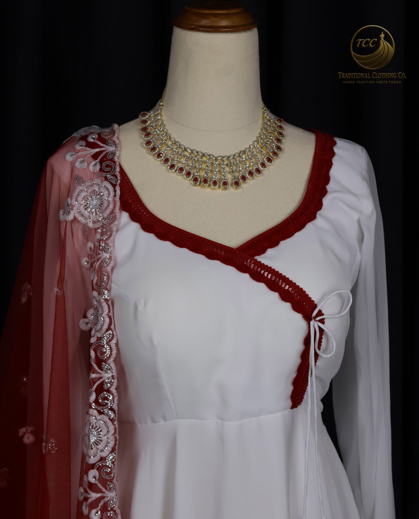 Elegant White & Red Embroidered Gown with Sheer Dupatta – Festive & Traditional Wear | Boutique Edition