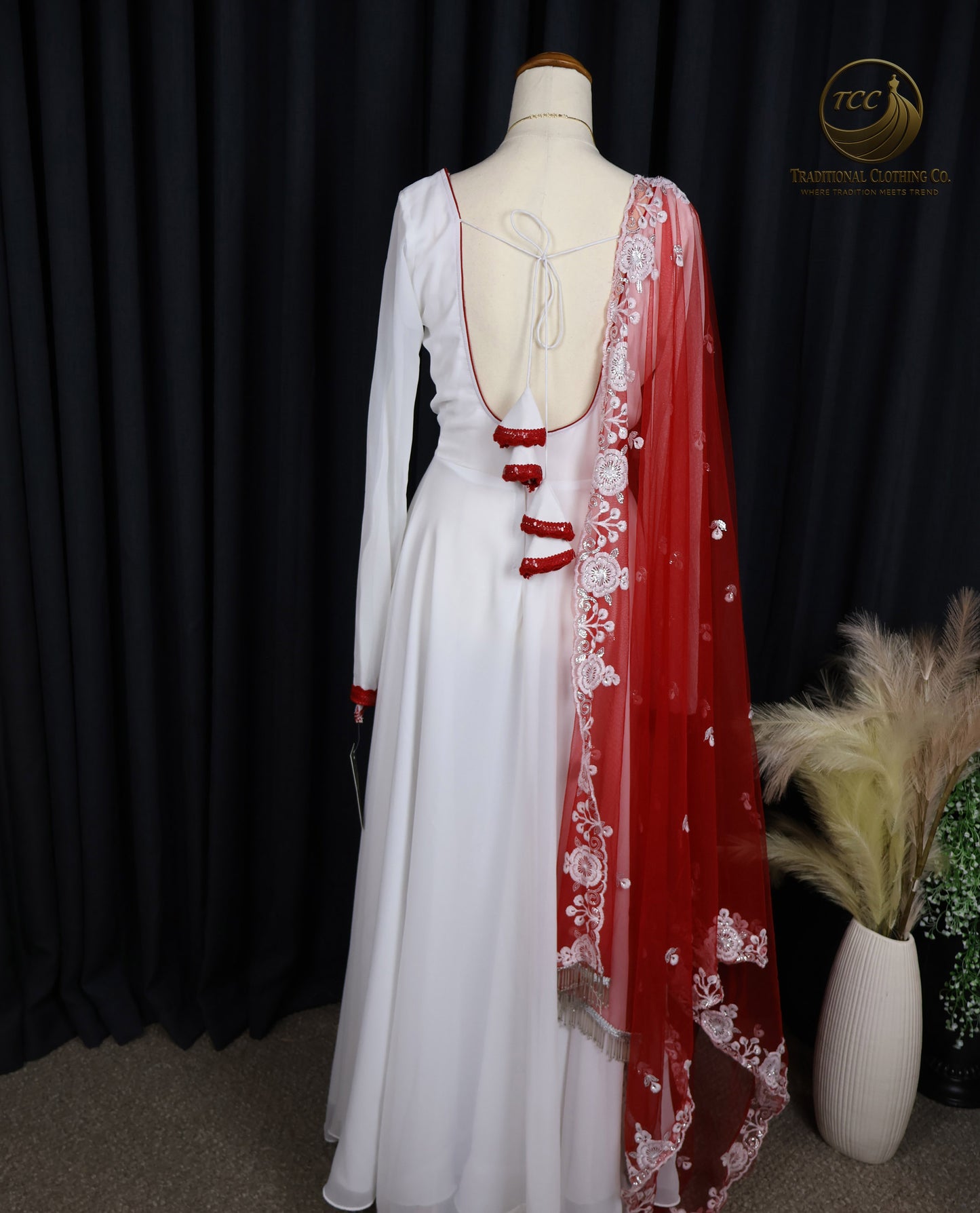 Elegant White & Red Embroidered Gown with Sheer Dupatta – Festive & Traditional Wear | Boutique Edition