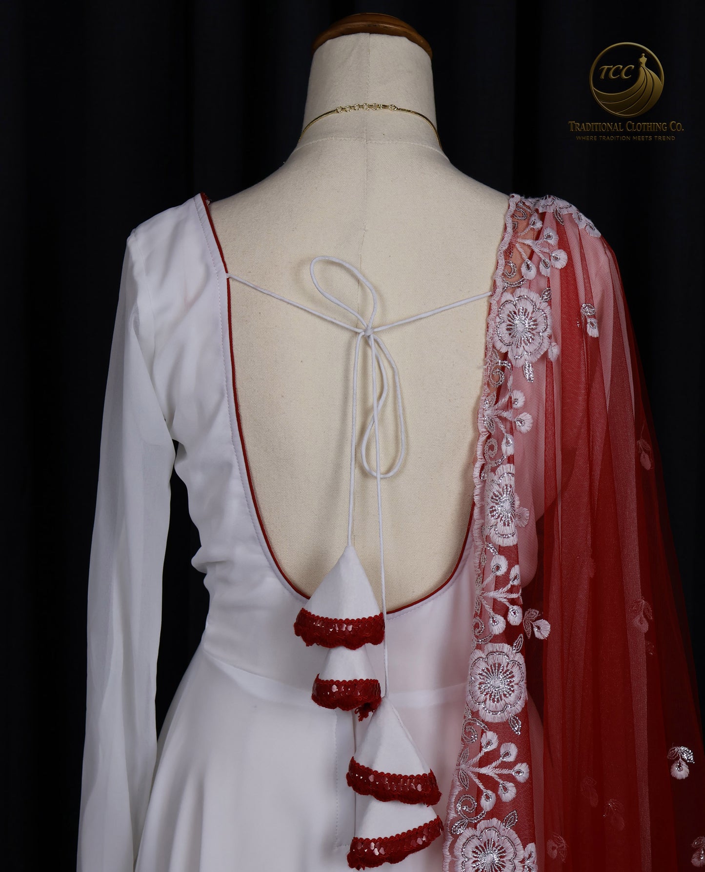 Elegant White & Red Embroidered Gown with Sheer Dupatta – Festive & Traditional Wear | Boutique Edition