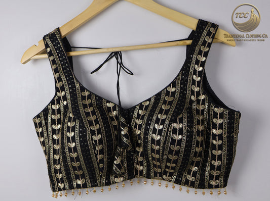 Black & Gold Embroidered Modern Blouse with Tie-Back Closure – Ideal Wear Parties, Weddings & Celebrations