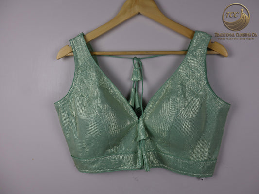 Green Satin Sleeveless Tie-Back Blouse with Deep V-Neck – Modern Blouse Festive and parties