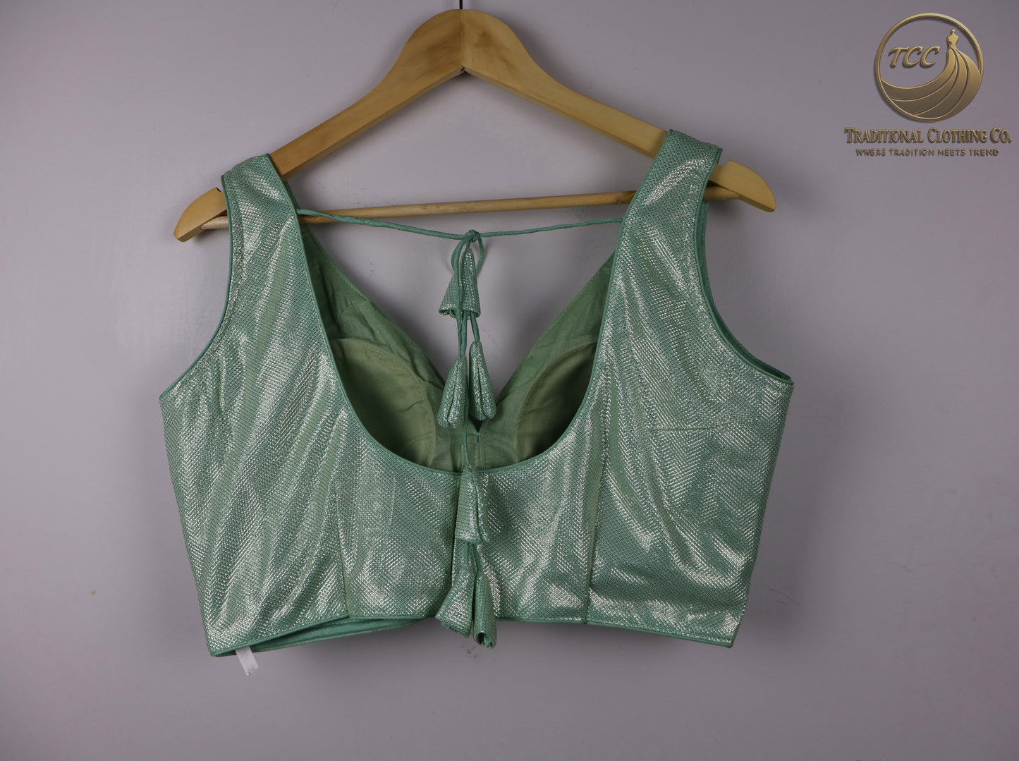 Green Satin Sleeveless Tie-Back Blouse with Deep V-Neck – Modern Blouse Festive and parties