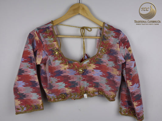 Multicolor Dhaka Blouse with 100% handwork | Gold Embroidery & Full Sleeves – Nepali Traditional Wear for Festivals & Special Occasions