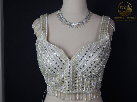 Handwork Pearl-Embellished Festive Blouse – Sleeveless V-Neck Crop Top | Traditional Partywear | Boutique Edition