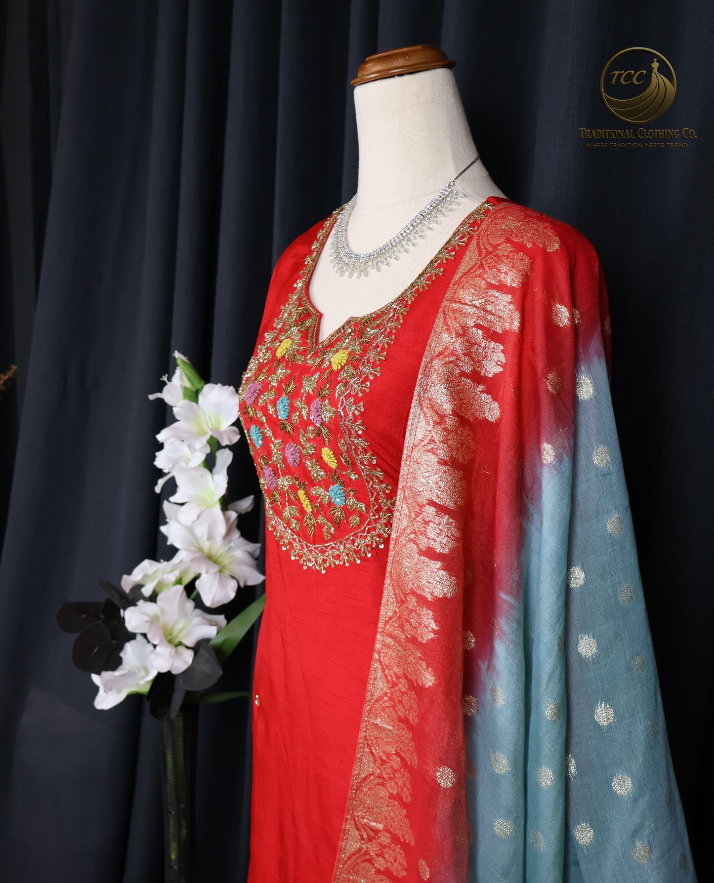 Red & Blue Traditional Handwork Kurta Set – Embroidered Neckline with Matching Dupatta | Festive Wear