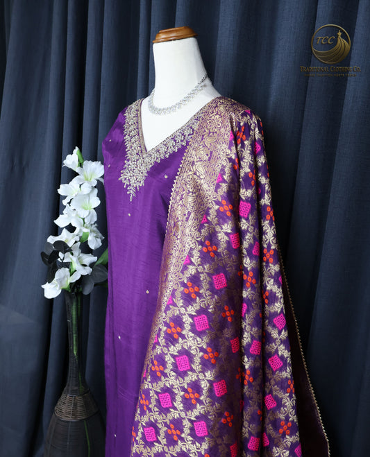 Purple Tie-Dye Traditional 3-Piece Ensemble with Gold & Multicolor Embroidery – Festive & Cultural Wear