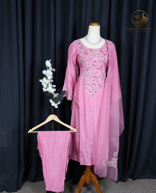 Soft Pink Three-Piece Handwork Kurti Set with Floral Embroidery – Festive & Cultural Wear for Women