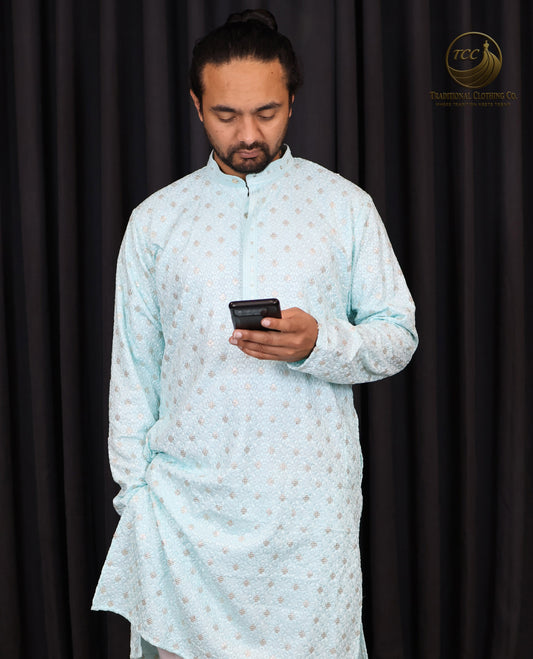 Designer Embroidered Chikankari Kurta for Men – Rich Collar Detail in Vibrant Colors | Peach, Blue, Mint Green and Yellow