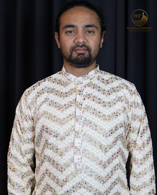 Men’s Chikan Kari Kurta – Traditional Embroidery – Available in Pink, Peach, Turquoise & Beige