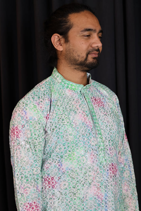 Multicolor Chikankari Kurta for Men – Handcrafted Lucknowi Embroidery