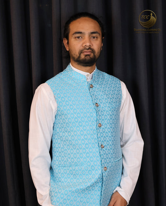 Light Blue Waistcoat with White Diamond Print – Single Piece Traditional Menswear