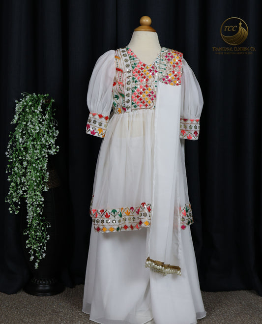 Multicolor Embroidered Girls Sharara Suit with Puff Sleeves – Cultural & Festive Wear | Boutique Edition