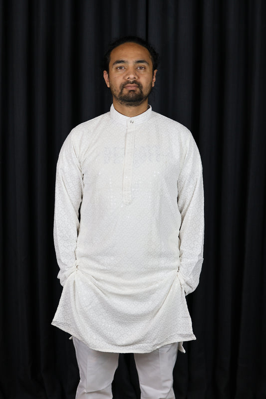 Elegant White Chikan Kari Kurta Set with Intricate Motif Pattern sequin – Festive Traditional Wear