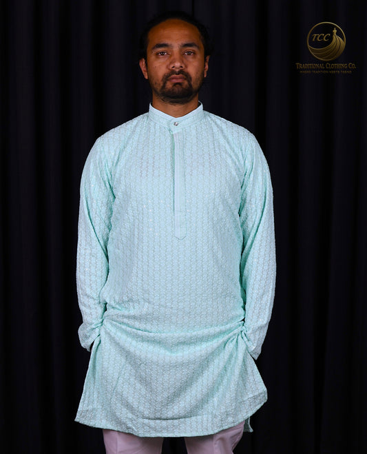 Premium Subtle Pattern Men's Chikan Kari Kurta – High Collar Style in Multiple Colours | Aquamarine Blue, Peach, Yellow, and Mint Green