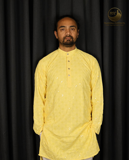 Men’s Soft Yellow Chikankari Kurta – Handcrafted Ethnic Wear with Sequin Accents
